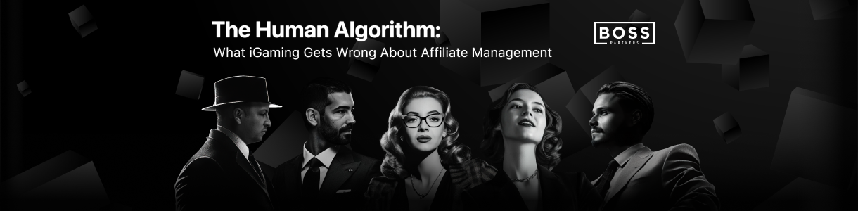 Five affiliate managers in grayscale, styled in retro-modern fashion, stand beneath the headline: “The Human Algorithm: What iGaming Gets Wrong About Affiliate Management.”