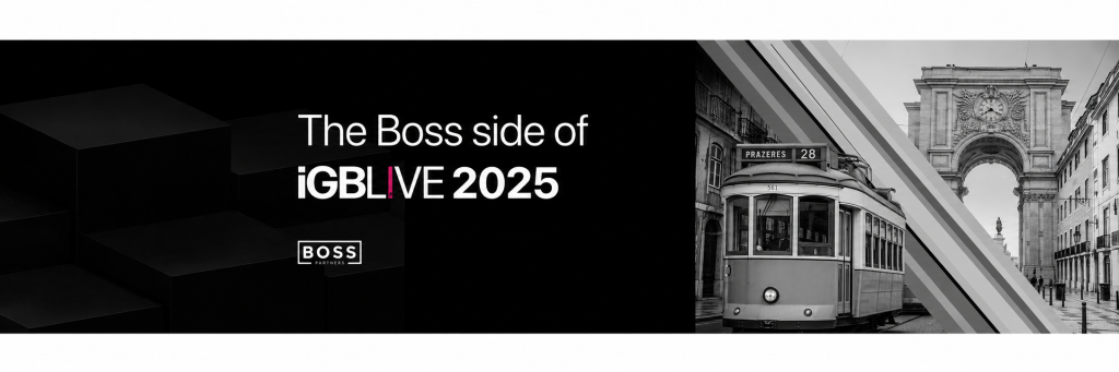 Boss Partners iGB L!VE 2025 banner with Lisbon tram and Rua Augusta Arch