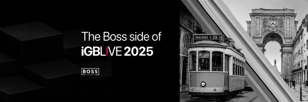 Boss Partners iGB L!VE 2025 banner with Lisbon tram and Rua Augusta Arch