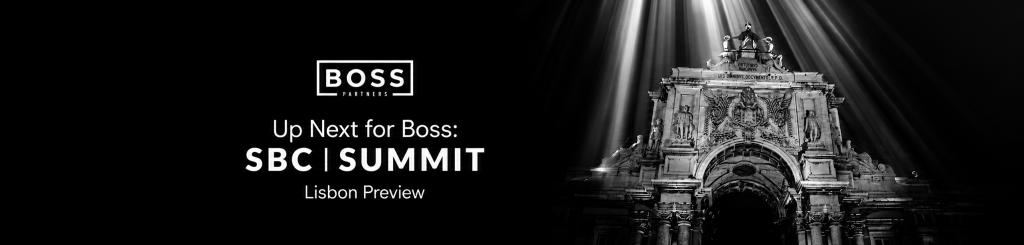 Boss Partners banner for SBC Summit Lisbon 2025 showing the Rua Augusta Arch with text “Up Next for Boss: SBC Summit | Lisbon Preview” and “Find us at Stand D100”.