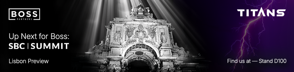 Boss Partners banner for SBC Summit Lisbon 2025 showing the Rua Augusta Arch with text “Up Next for Boss: SBC Summit | Lisbon Preview” and “Find us at Stand D100”.