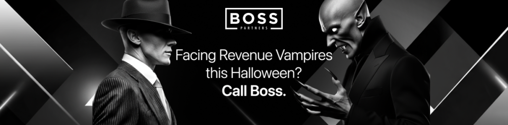 Boss Partners Halloween banner: a noir-styled boss faces a vampire; text reads Facing Revenue Vampires this Halloween? Call Boss.