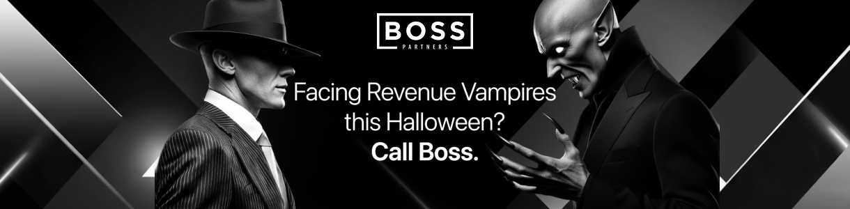Boss Partners Halloween banner: a noir-styled boss faces a vampire; text reads Facing Revenue Vampires this Halloween? Call Boss.