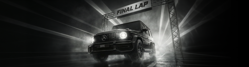 Boss Partners banner showing a Mercedes-Benz G-Class under a “Final Lap” finish line, representing the G-Class promotion home stretch