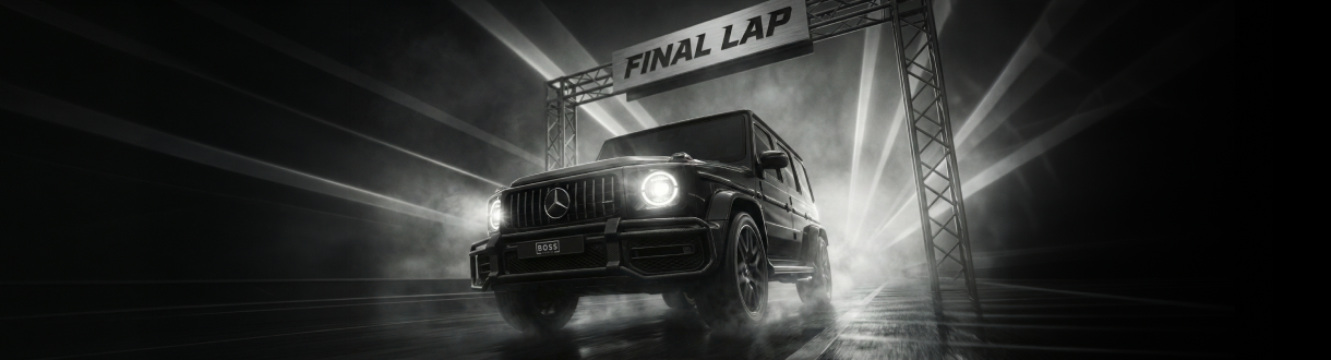 Boss Partners banner showing a Mercedes-Benz G-Class under a “Final Lap” finish line, representing the G-Class promotion home stretch