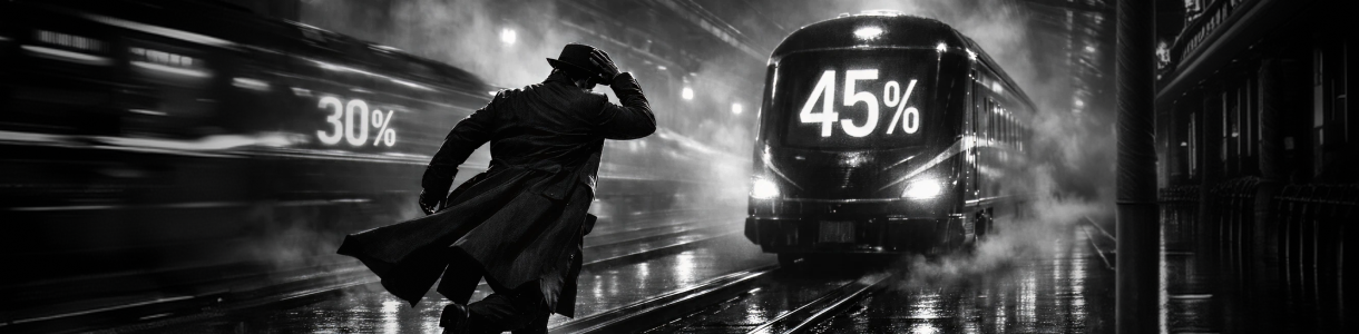 Main banner showing a man in a dark coat running through a smoky station toward a train displaying “45%,” beside the headline “Chasing the Wrong Number.”