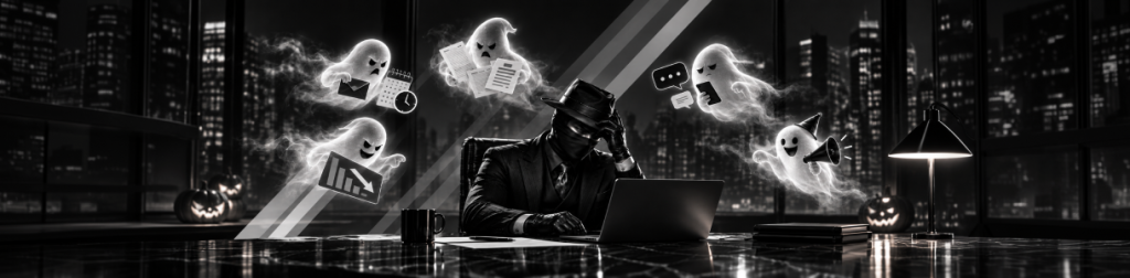 Five glowing ghosts haunt a masked affiliate working at a laptop in a black-and-white Halloween office scene for Boss Partners.